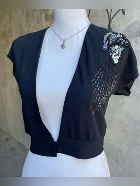 Vintage 90s Beaded Black Short Sleeve Blouse Cover Up